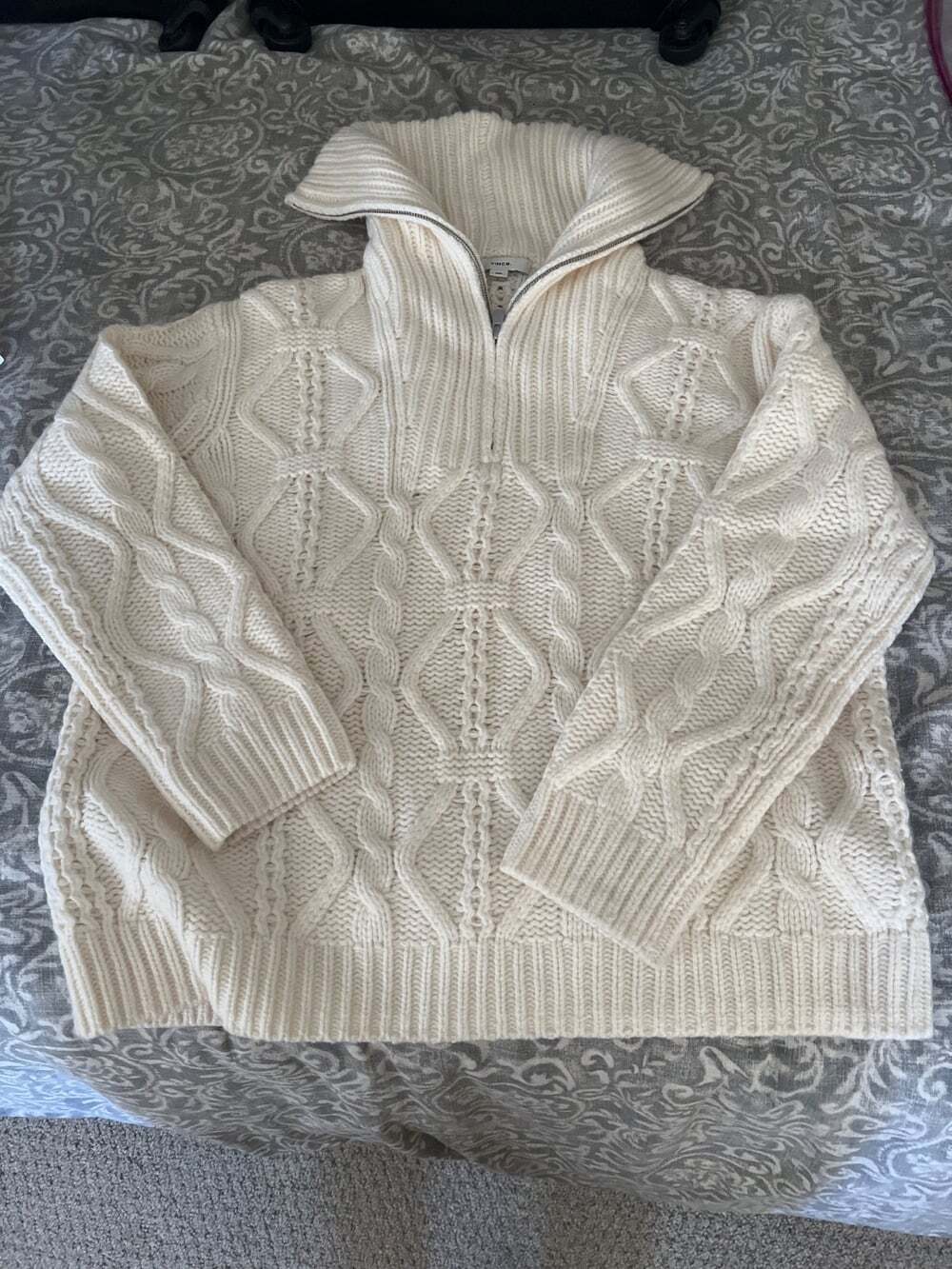 VINCE Oversize Cable Stitch Half Zip 100% Soft Wool Sweater Off White sz M $495